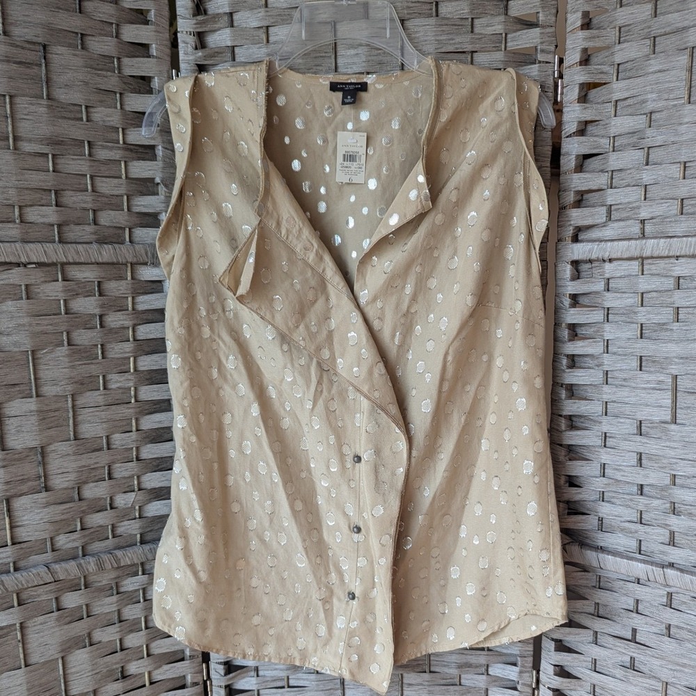 Ann Taylor Blouse Tan Metallic Polka Dot Silk Cotton Blend Womens Sz 6 Luxury